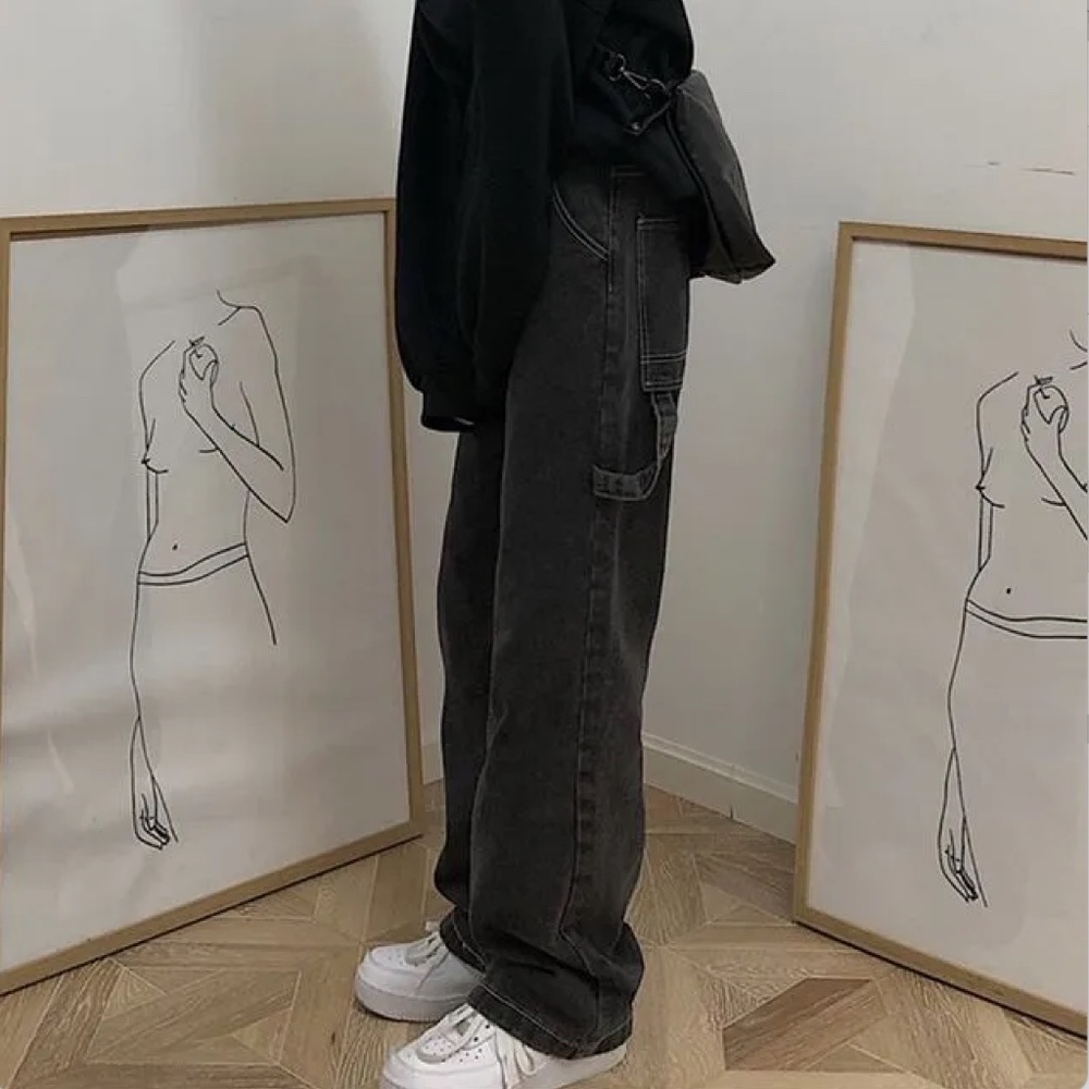 YesStyle INStudio High-Waist Plain Wide-Leg Charcoal Black Jeans Size Small